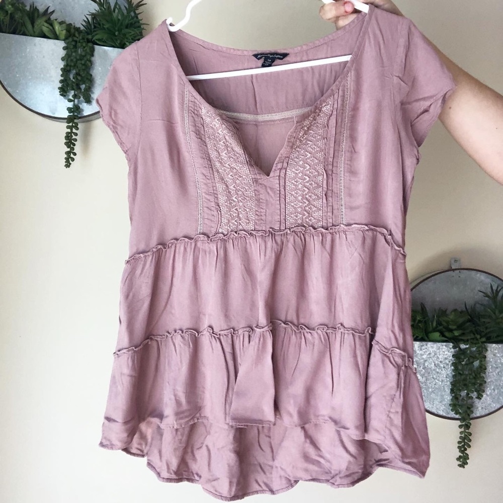 AEO Boho Purple Tiered Blouse W/ Embroidery